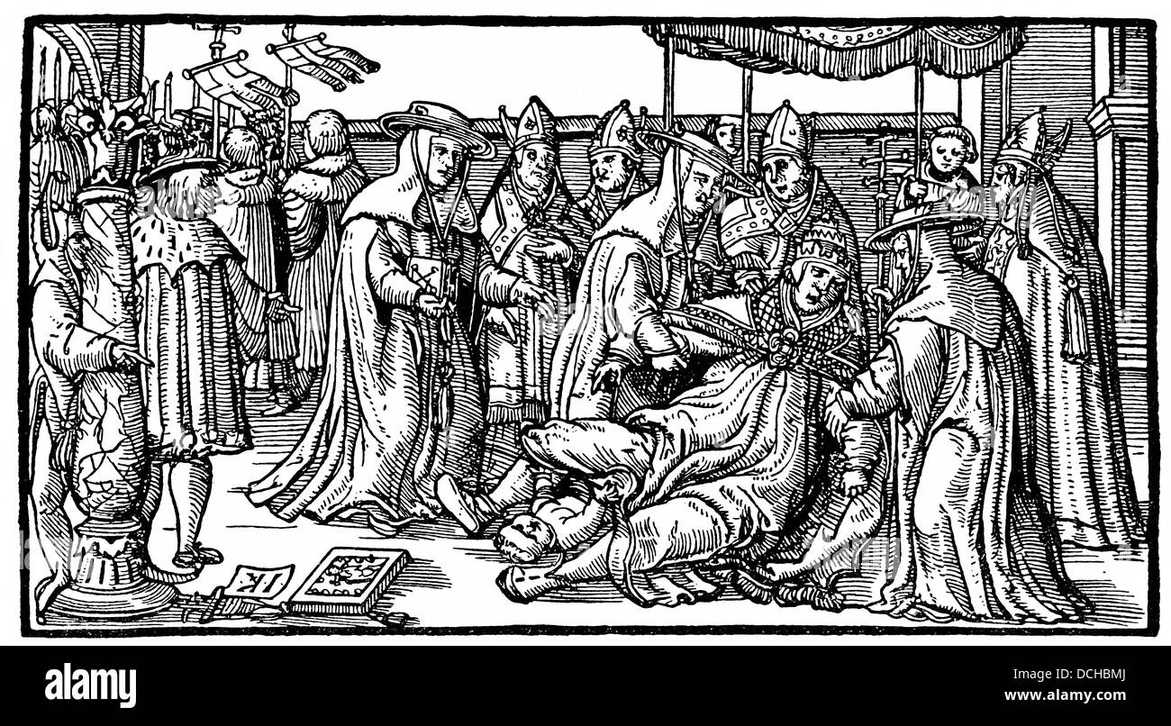 Darstellung der Geburt von Papst Joan nach einem Holzschnitt aus dem 14. Jahrhundert Stockfoto