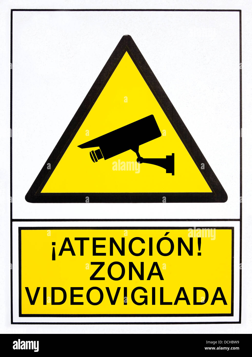 Videoüberwachung-Zone-Signal, in spanischer Sprache Stockfoto