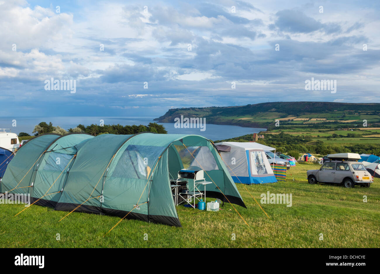 Blick vom Haken Haus Bauernhof Campingplatz bei Robin Hoods Bay, North Yorkshire, England, UK Stockfoto
