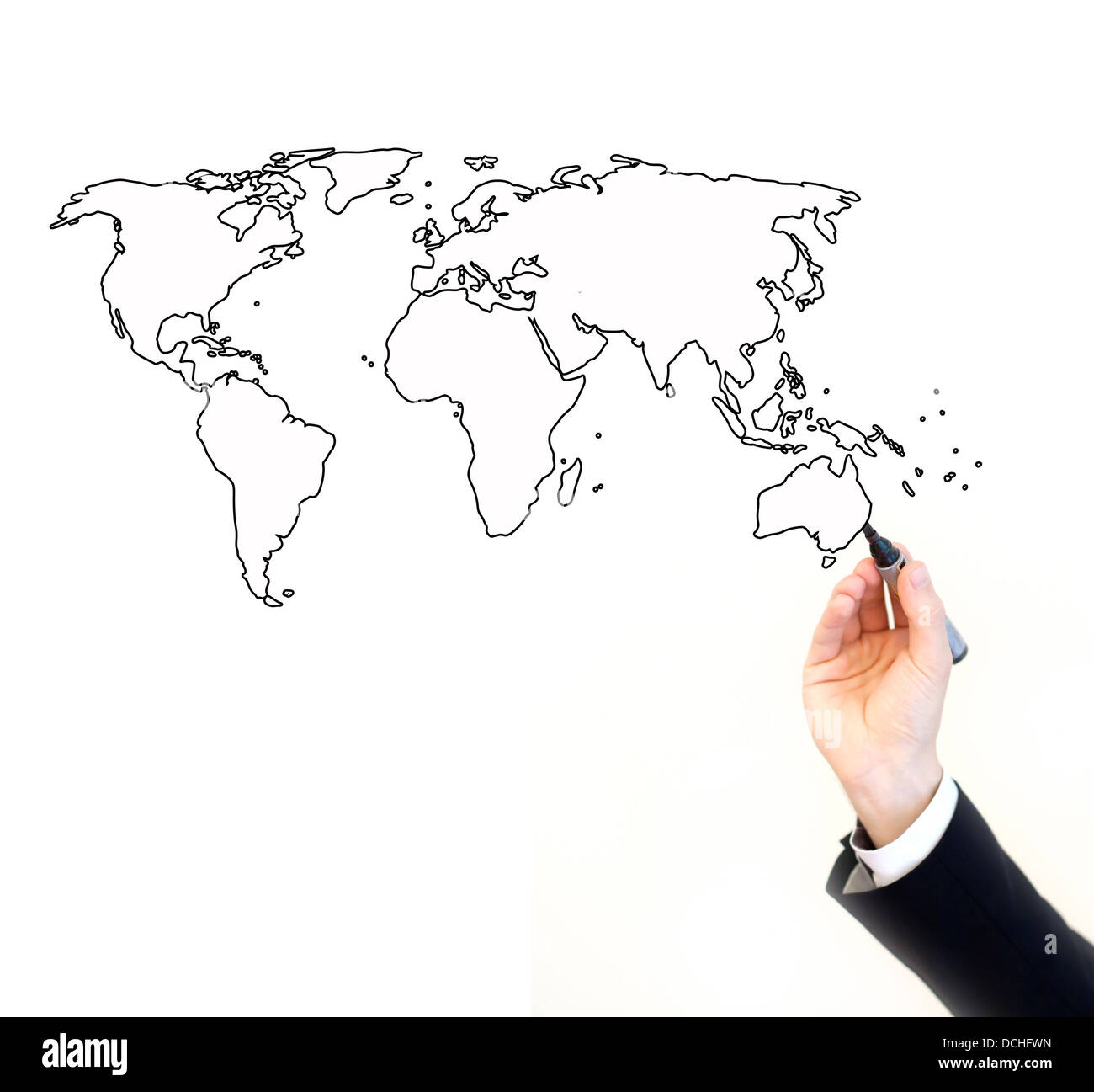 Hand der Geschäftsmann Malerei Weltkarte, isoliert auf weiss mit Platz für den text Stockfoto