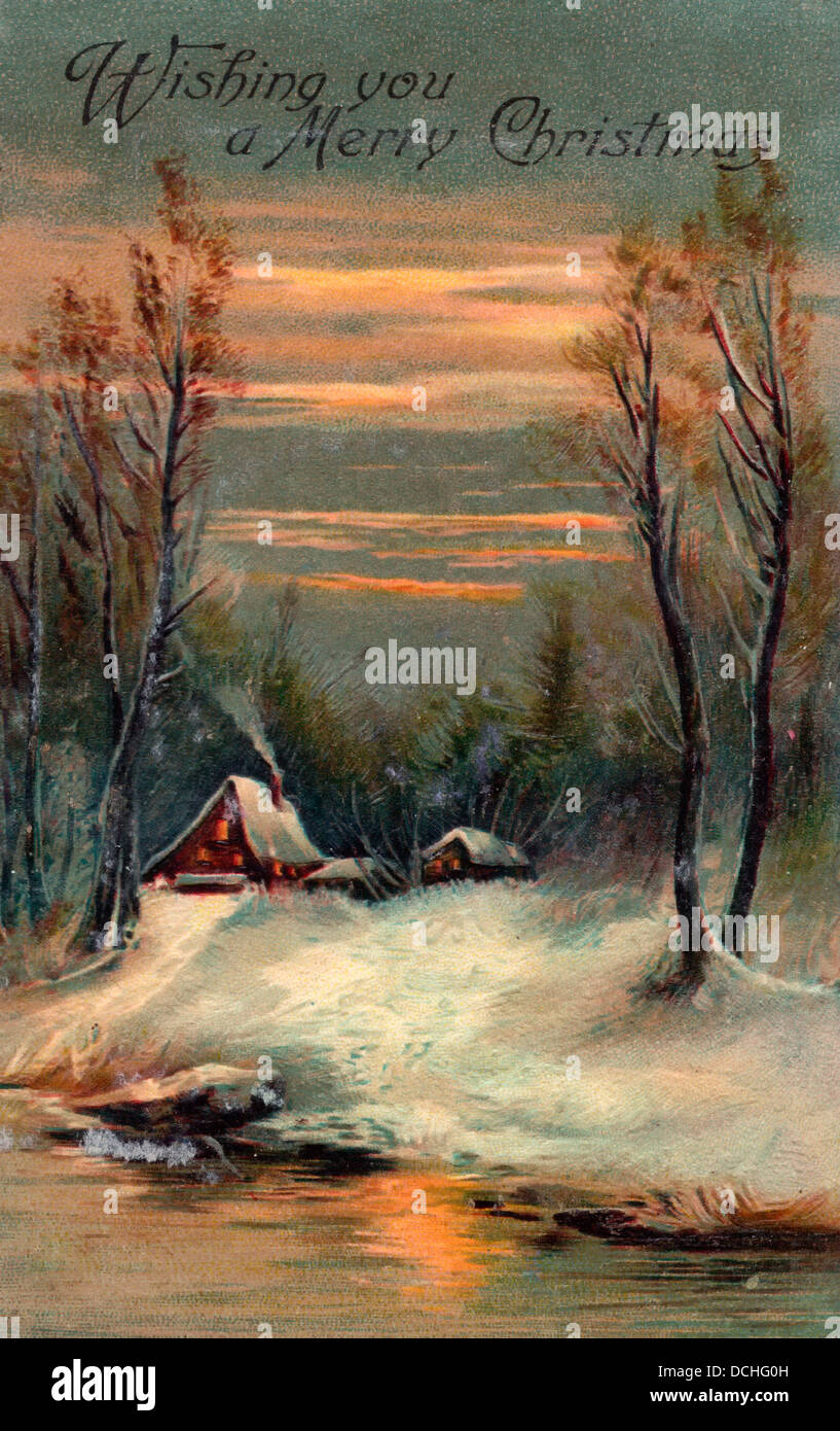Wir wünschen Ihnen ein frohes Weihnachtsfest - Vintage-Karte mit Häusern neben See Stockfoto