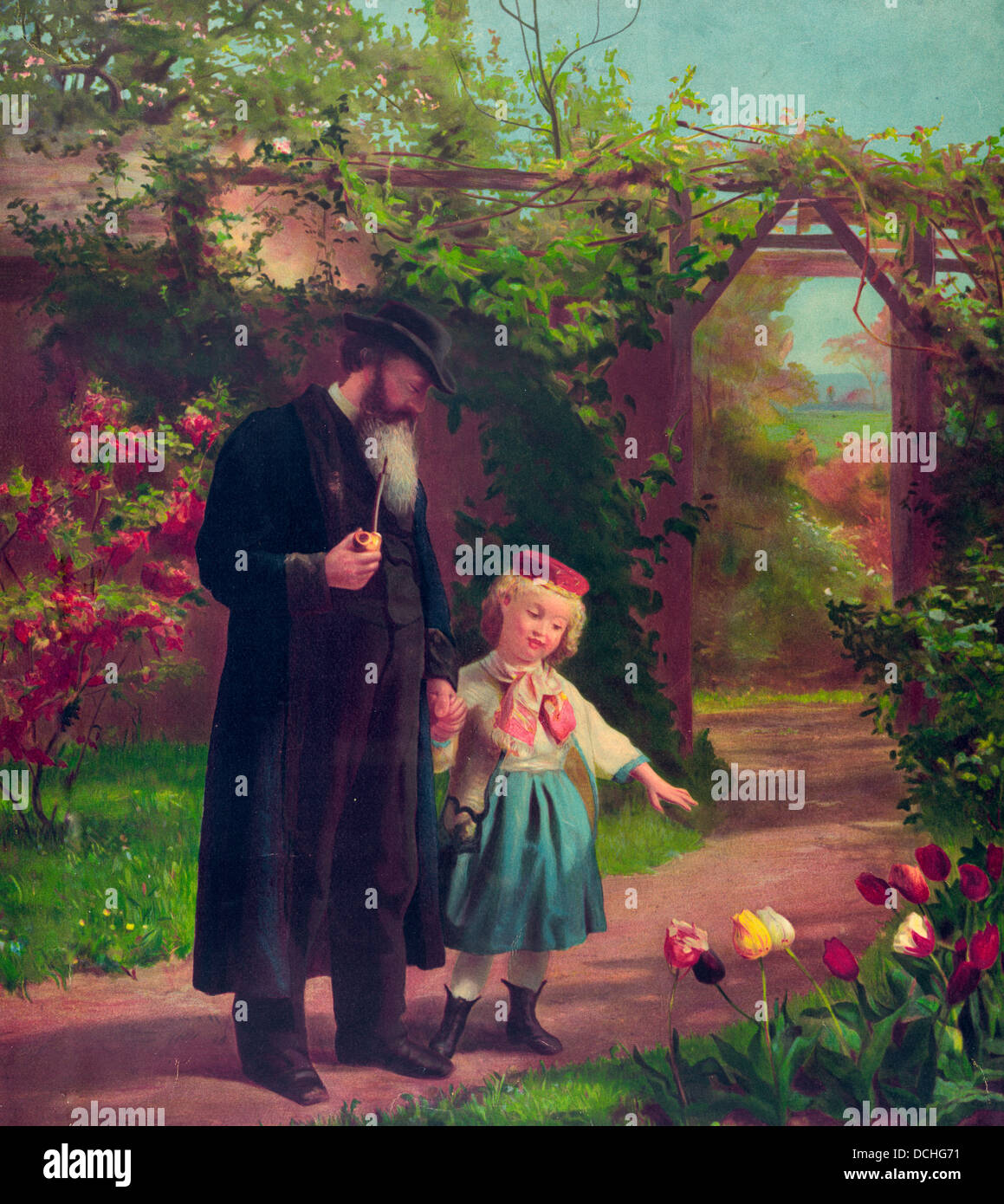 Morgenspaziergang - ein bärtiger Mann und kleines Mädchen Blumen Weg zu betrachten. 1874 Stockfoto