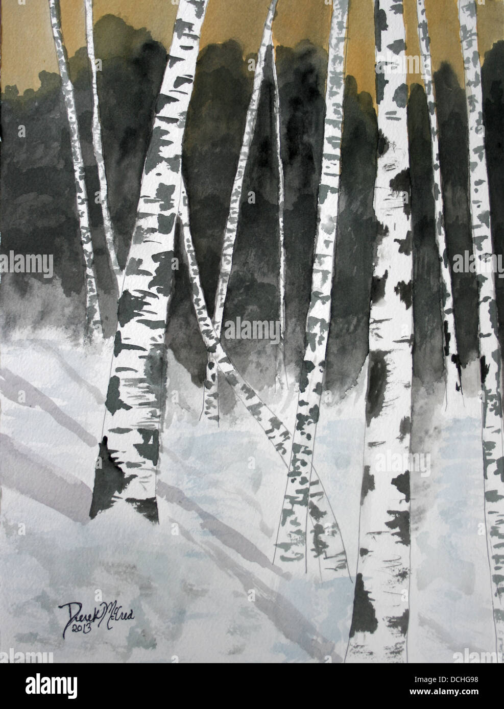 Birke Baum Landschaft Schnee Winter Aquarell Stockfoto