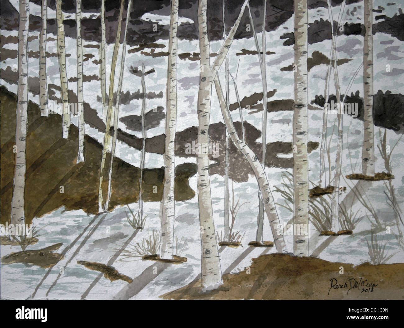 Espe Bäume Landschaft Schnee Aquarellmalerei Stockfoto