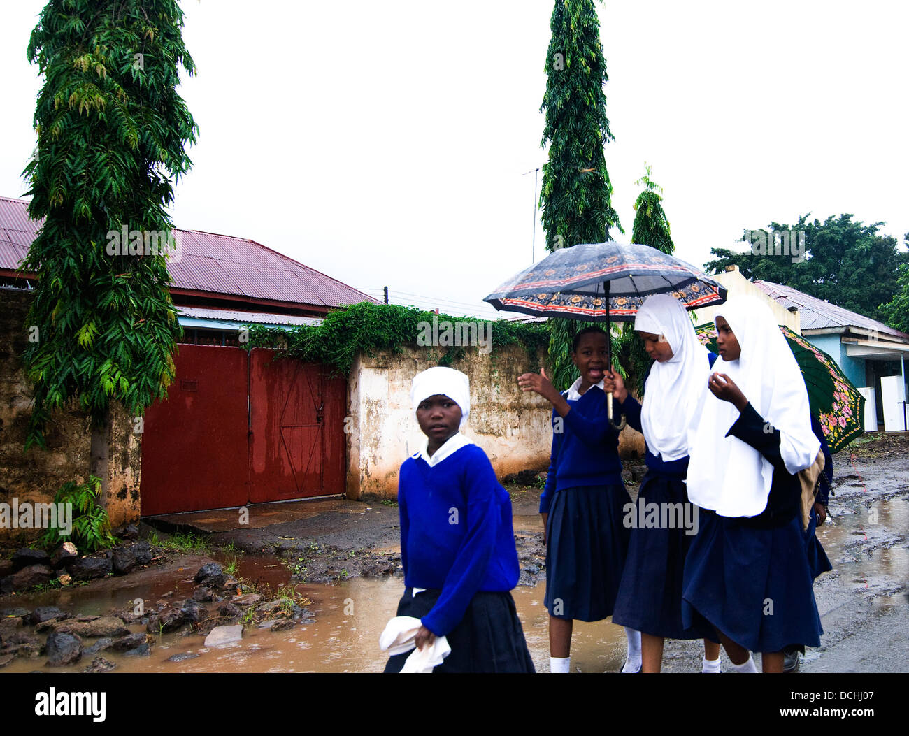 Tansanische Schulmädchen im Regen nach Hause laufen. Stockfoto