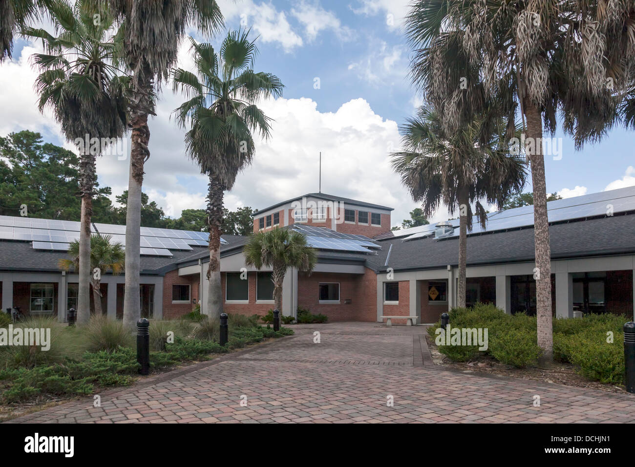 Sonnenkollektoren auf dem Dach des Ortsverbandes Alachua County Bibliothek Millhopper in Gainesville, Florida. Stockfoto