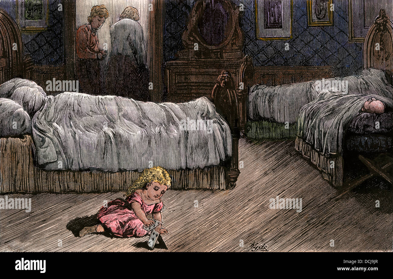 Kind verwaist nach Familienmitglieder von Gelbfieber, Louisiana starb, 1870. Hand - farbige Holzschnitt Stockfoto