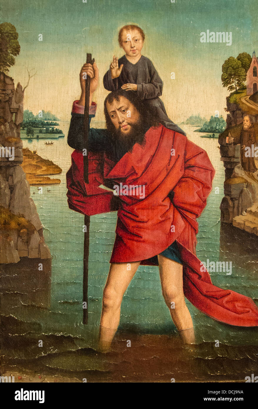 15. Jahrhundert - Saint Christopher und das Christkind - Ecole Dirk Bouts (1480) Öl auf Holz Stockfoto