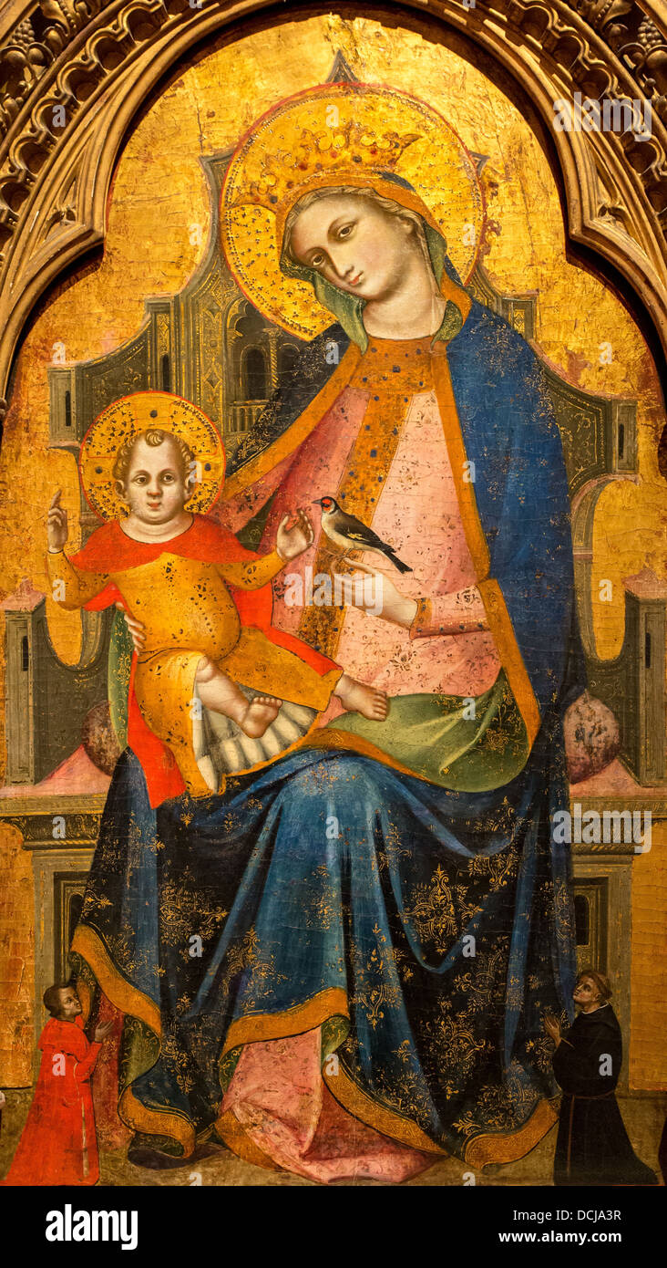 14. Jahrhundert - Madonna und Kind mit zwei Gebern inthronisiert - Lorenzo Veneziano (1370) Tempera auf Holz Stockfoto