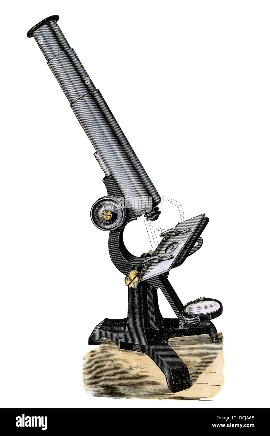 Zusammengesetzte Mikroskop, USA, 1870. Hand - farbige Holzschnitt Stockfoto