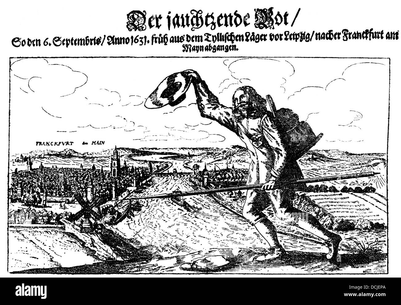 Broschüre von 1631, der hinkend Messenger, vorzeitigen Sieg Erklärung von Gustavus Adolphus während des Dreißigjährigen Krieges, Stockfoto