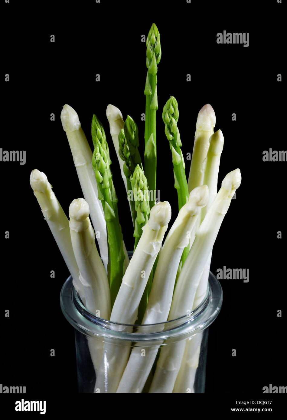 Glas gefüllt mit einem Bündel von weißem und grünem Spargel Gemüse in Schwarz zurück Stockfoto