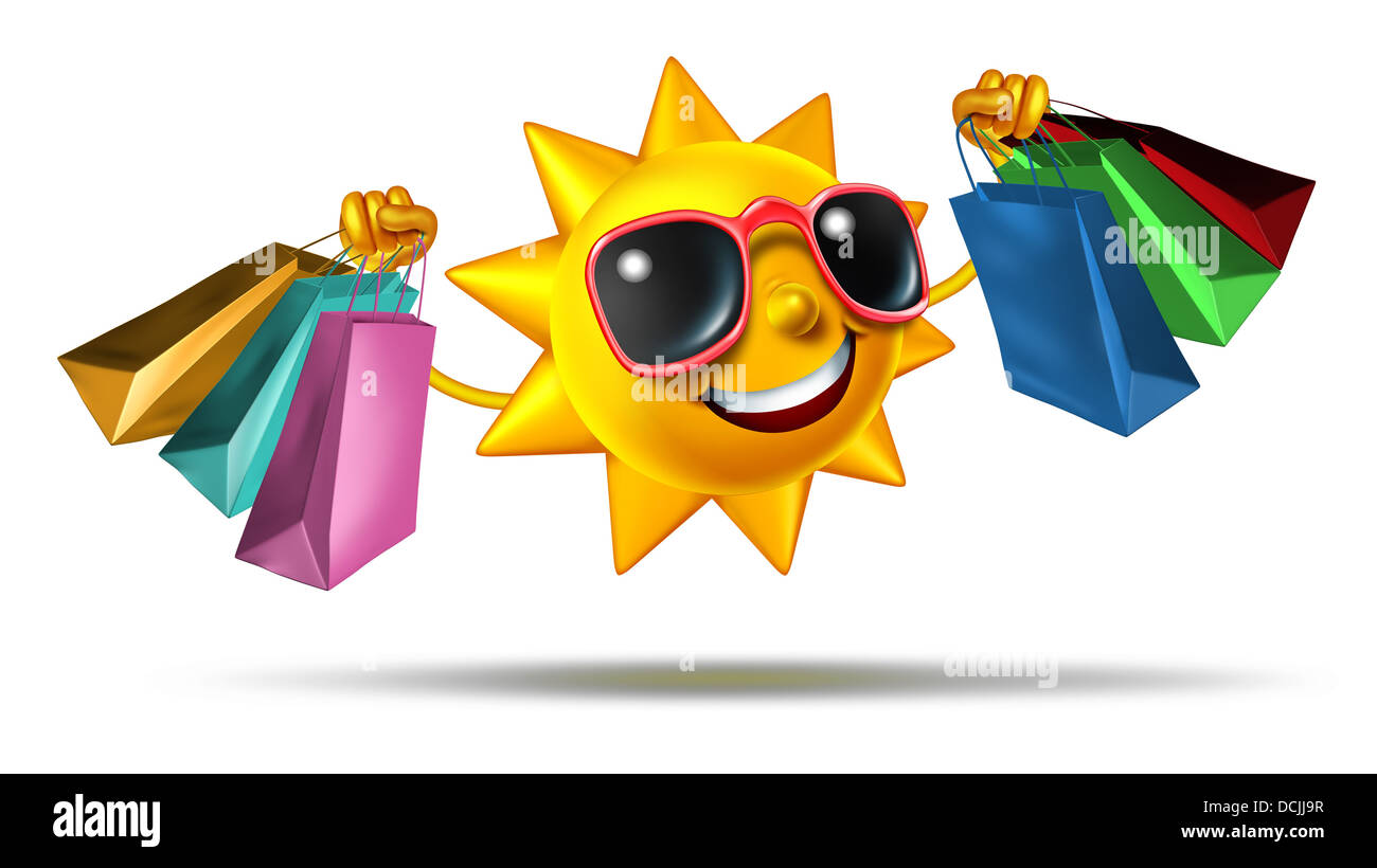 Sommer shopping und Mode kaufen und Geschenke im Urlaub oder in den Ferien als helle Sonne Charakter Holding Gepäck als Konzept und als Symbol des Retailgeschäfts und Spaß Freizeit Konsumentenaktivitäten auf weiß. Stockfoto