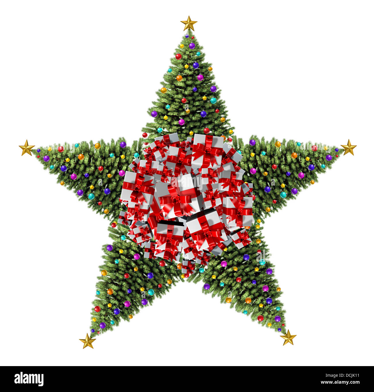 Weihnachtsbaum Sterne Konzept als eine Gruppe von geschmückten Weihnachtsbäume mit natürlichen grünen Pinien und reich verzierte Deko-Kugeln und Geschenke mit roten Bändern und Schleifen als saisonale Symbol winterfest und festlichen Silvester auf einem weißen Hintergrund. Stockfoto