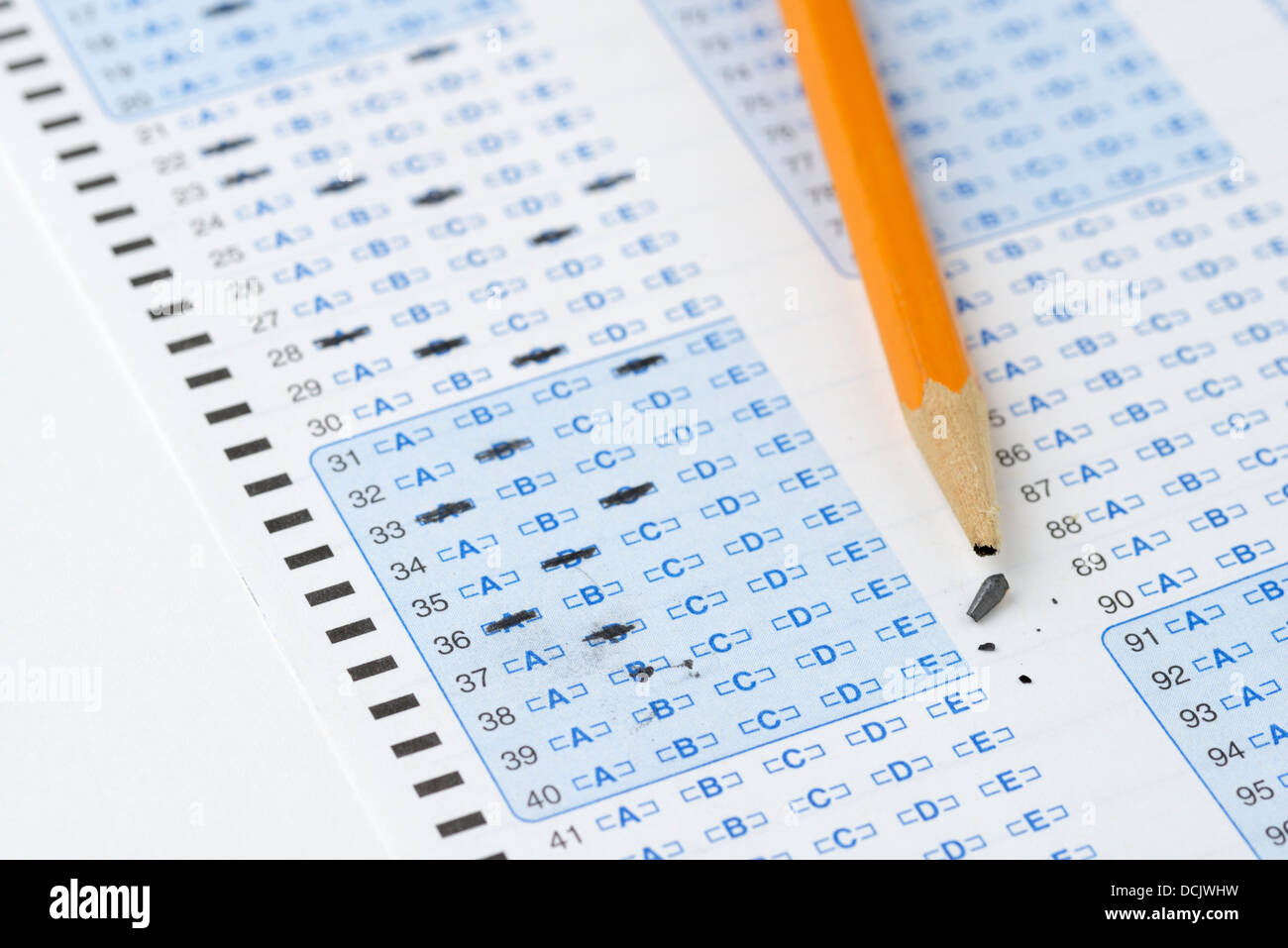 Optische Abtastung Antwortbogen für eine Schule-Prüfung Stockfoto
