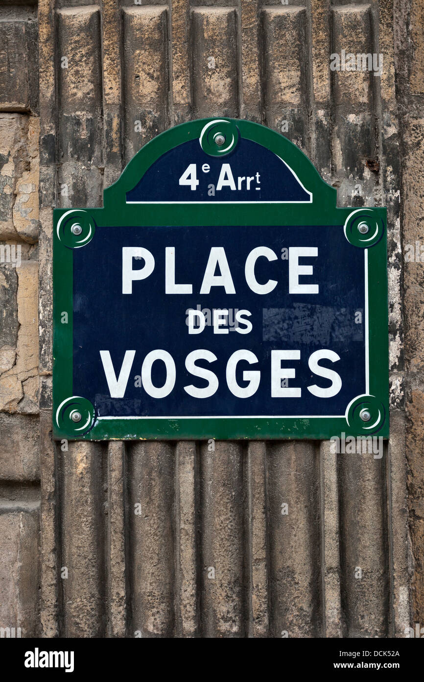 Place des Vosges Straßenschild, Paris, Frankreich Stockfoto