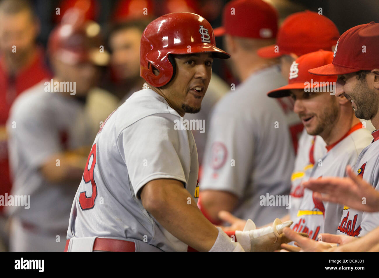 Milwaukee, Wisconsin, USA. 19. August 2013. 19. August 2013: St. Louis Cardinals Center Fielder Jon Jay #19 ist von Teamkollegen gratulierte, nach der Kollision mit einem 2 laufen Homer im 6. Inning während der Major League Baseball Spiel zwischen den Milwaukee Brewers und den St. Louis Cardinals im Miller Park in Milwaukee, Wisconsin. Kardinäle führen die Brauer 4-2 im 6. Inning. John Fisher/CSM. © Csm/Alamy Live-Nachrichten Stockfoto