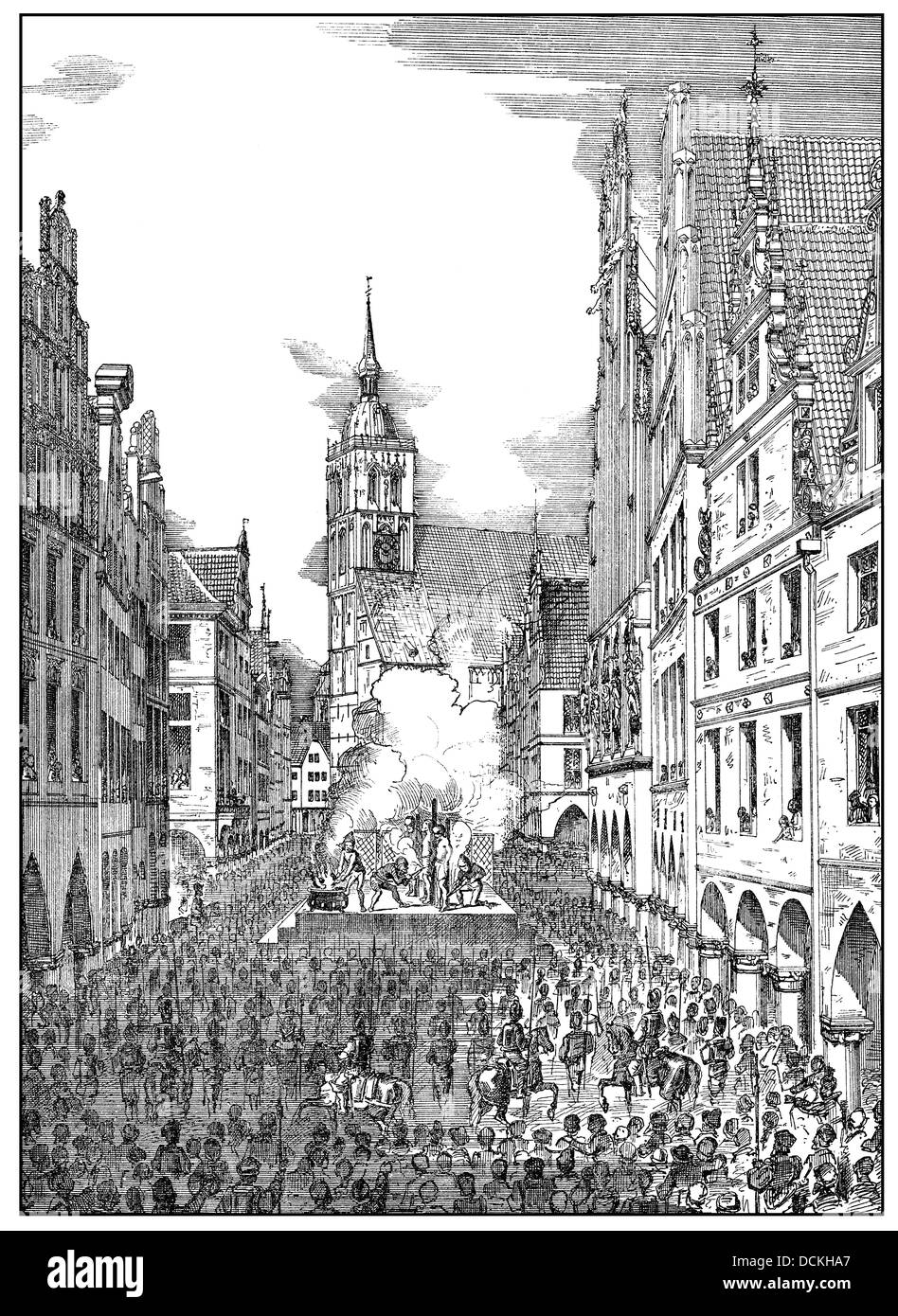 Ausführungen der Täufer Jan van Leiden, Bernd Krechting und Bernd Knipperdolling auf Prinzipalmarkt Sqaure, Münster, 1536 Stockfoto