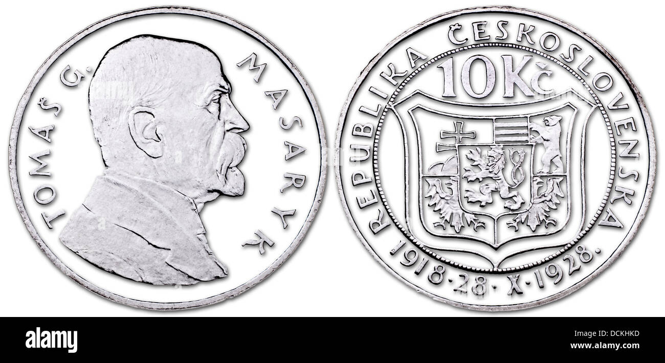 10 Kc Silber münze von 1928 zeigen, schneiden Sie Profil Portrait von Tomas Garrigue Masaryk (1850-1937), der erste Präsident der Tschechoslowakei Stockfoto