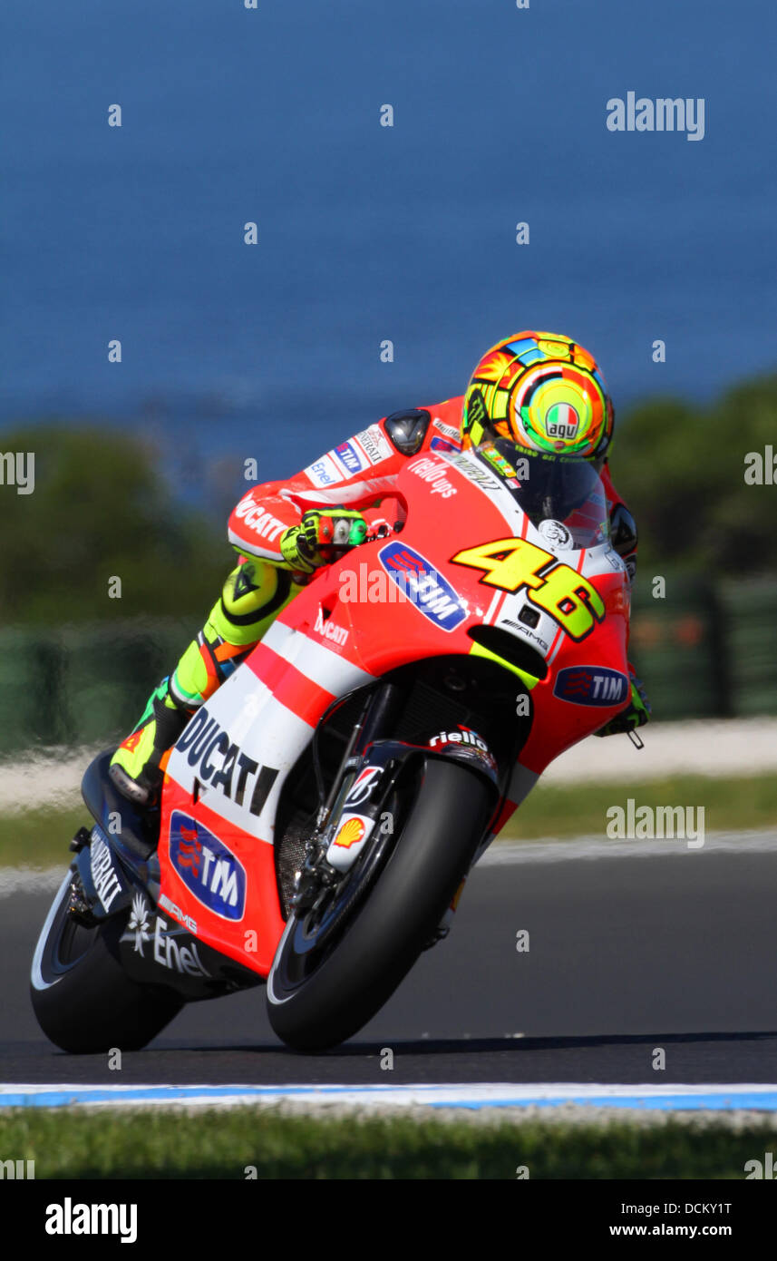 Moto GP Weltmeisterschaft. Round16.Phillip Island.Australia. -14.10.11 #46 Valentino ROSSI (ITA) Ducati Team - Motorrad-WM - MotoGP in Australien - Motorrad - Motorradsport - Grand Prix auf Phillip Island - Motorrad-Rennsport - *** zur Veröffentlichung in Deutschland nicht zur Verfügung. Zur Veröffentlichung in den Rest der Welt *** Stockfoto