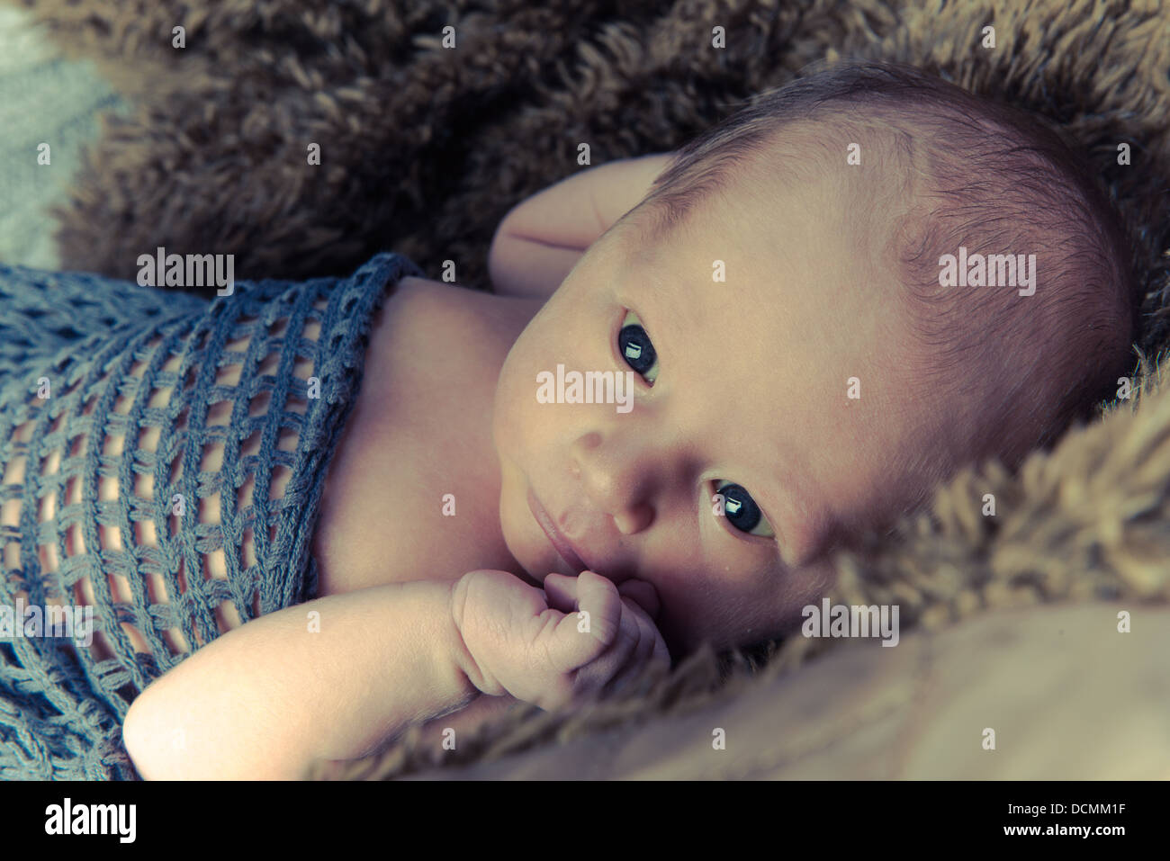 sanft beleuchtet sechs Tage altes Babymädchen in Jumper im Atelier in Farbe gedreht Stockfoto