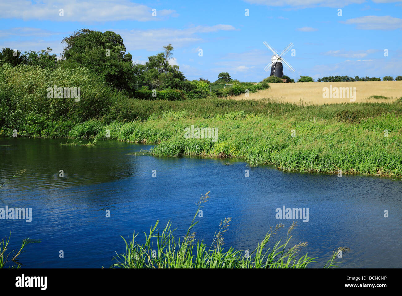 Fluss-Burn und Burnham Overy Windmühle, Norfolk, England UK Englisch Windmühlen Mühle Mühlen Stockfoto