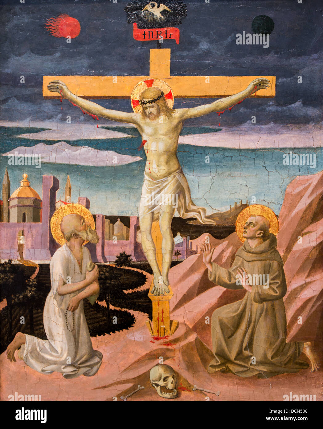 15. Jahrhundert - die Kreuzigung mit Hieronymus und Franziskus, 1445 - Francesco Pesellino Stockfoto