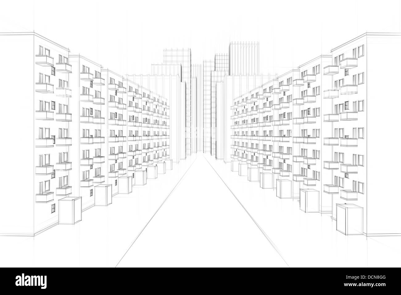 Zeichnung von einem modernen Stadtbild mit Wohnblocks und Bürotürmen im Hintergrund Stockfoto