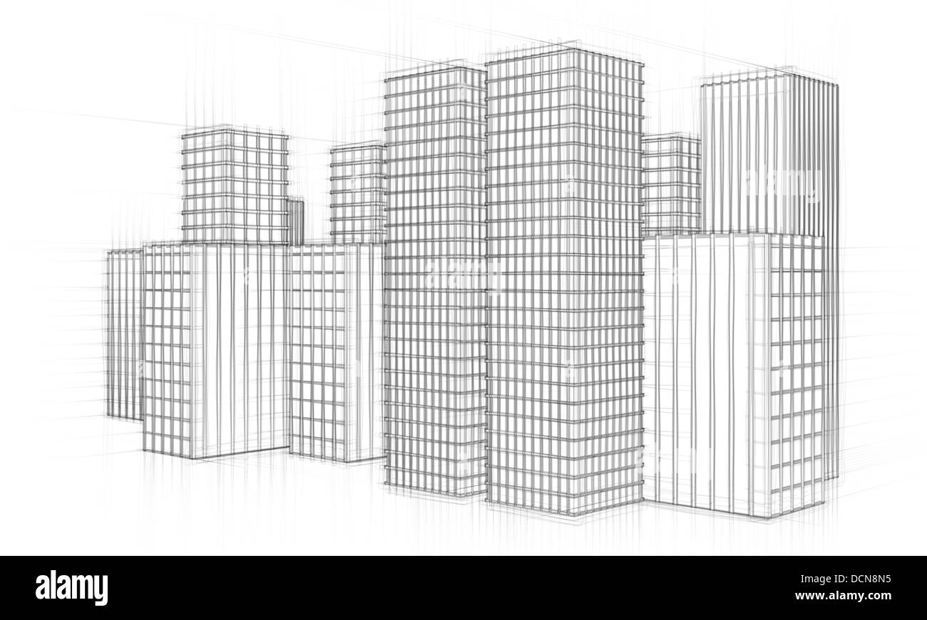 grobe Skizze der Stadt mit großen Wolkenkratzern Stockfoto