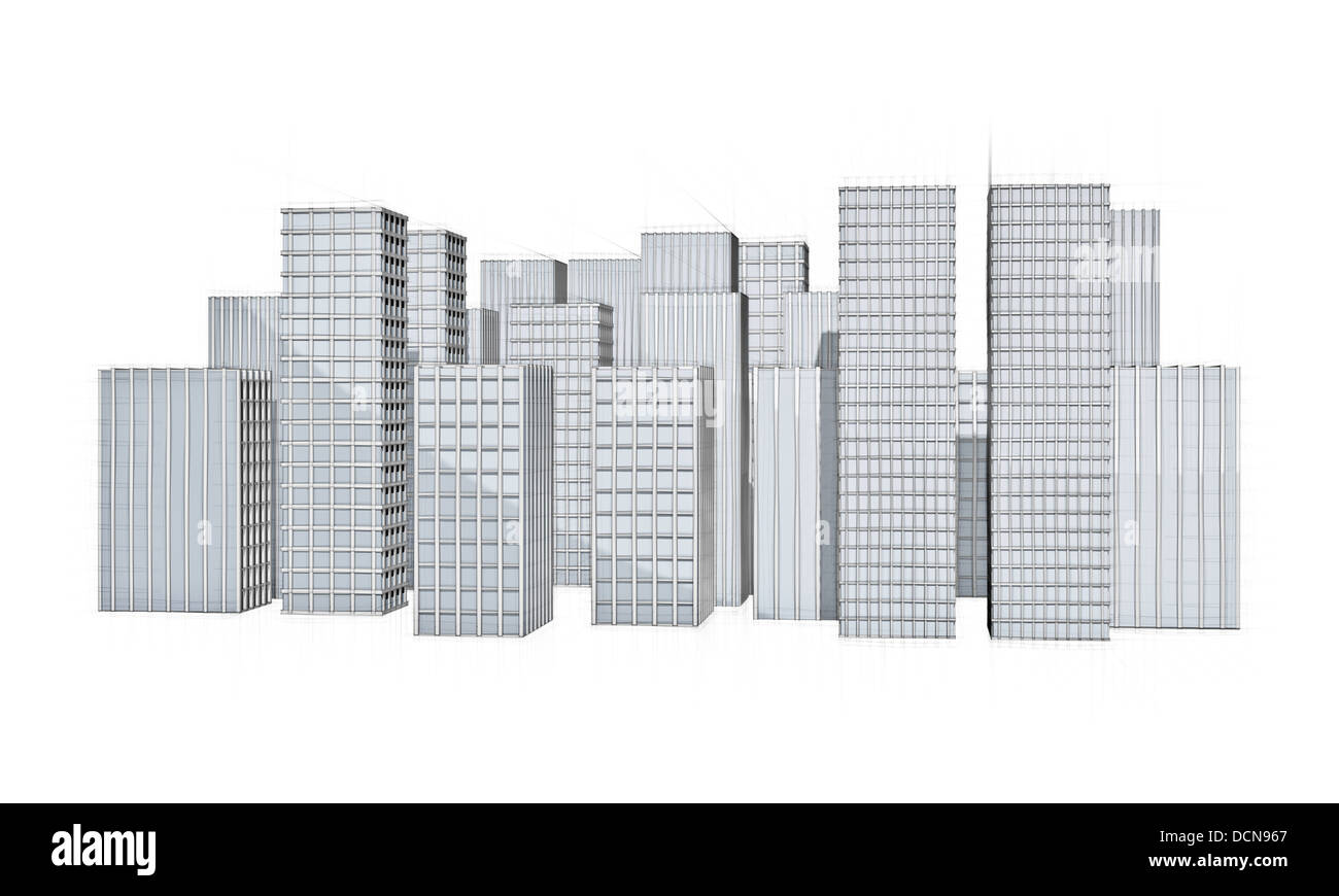 Skizze der Architektur der moderne Stadt mit großen Wolkenkratzern Stockfoto