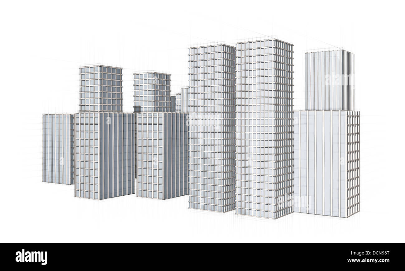 Architektur, die Zeichnung der Großstadt mit großen Wolkenkratzern Stockfoto