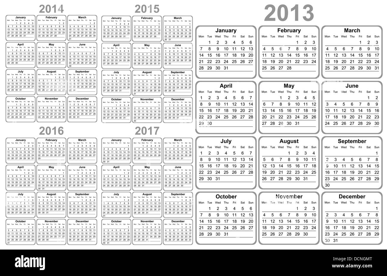 Kalender 2012, 2013, 2014, 2015, 2016, 2017 Stockfoto