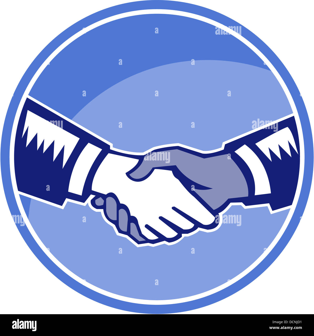 Abbildung von zwei Hände mit Handshake ein weiß und der andere schwarze Satz im inneren Kreis in Retro-Holzschnitt Stil getan. Stockfoto