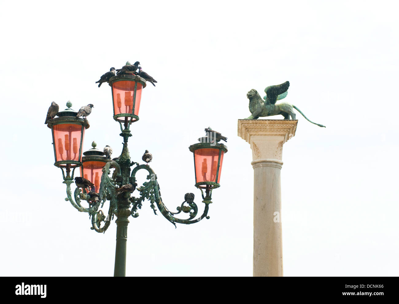 Tauben auf venezianischen Straßenlaternen mit geflügelten Löwen von San Marco im Hintergrund, Venedig, Italien Stockfoto