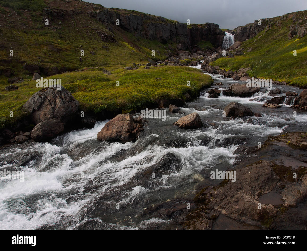 Bach und Wasserfall, Gunnhildardalur, Island Stockfoto