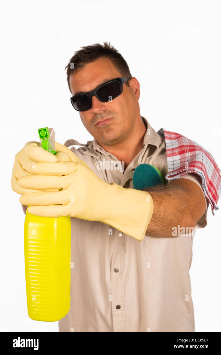 Herr Reinigung, Latin männlich sein Haus Reinigung Stockfoto