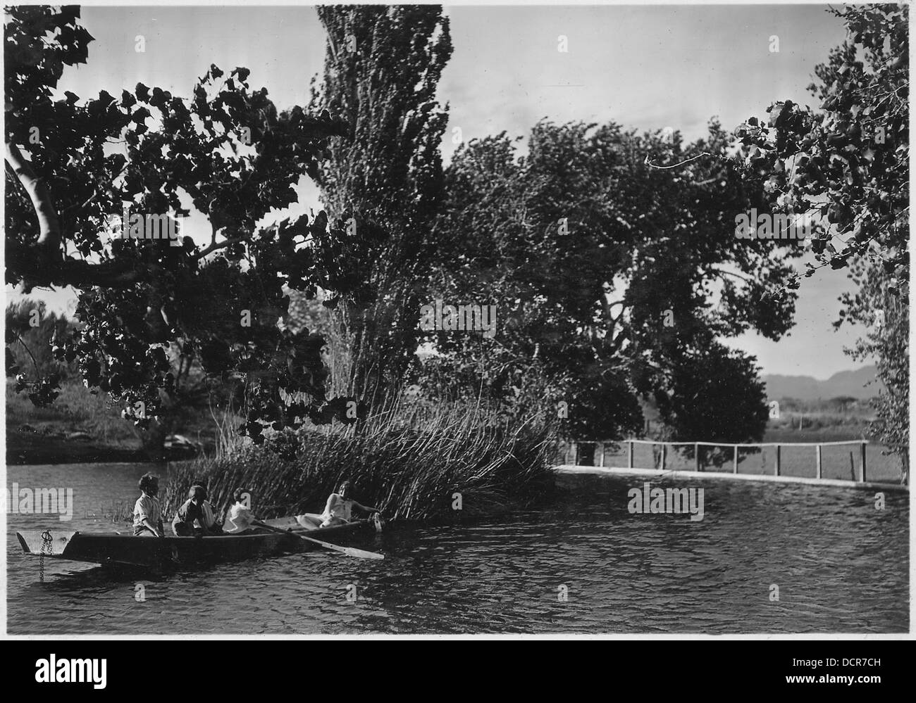 Ein Stausee auf einer bewässerten Ranch in der Nähe des Hoover Dam, der die Rolle der Wasserwirtschaft in der Landwirtschaft und den Einfluss des nahegelegenen Damms auf die regionale Bewässerung zeigt. Stockfoto