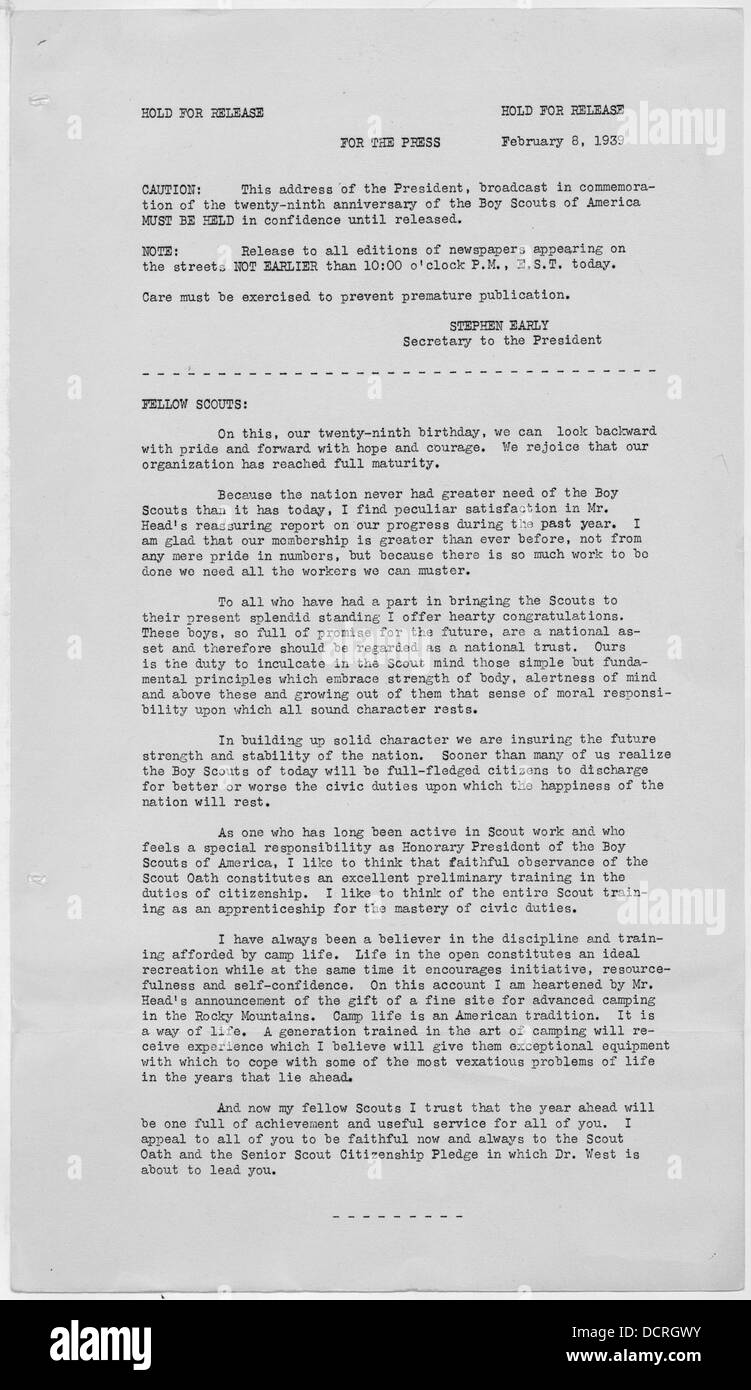 Die Ansprache des Präsidenten erinnert an den neunundzwanzigsten Jahrestag der Boy Scouts of America und markiert damit einen Meilenstein in der Geschichte der Organisation und ihren Beitrag zur Jugendentwicklung. Stockfoto