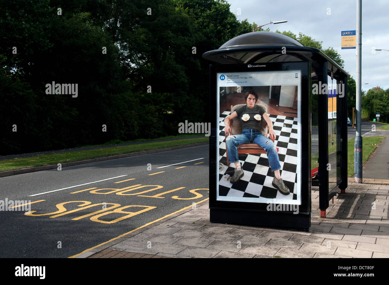 Warwick, Großbritannien. 21. August 2013. "Selbst Portrait mit Spiegeleier, 1996" von Sarah Lucas, ein Plakat in einer Wartehalle in Wedgnock Lane, Warwick, als Teil der Kunst überall Projekt zeigt Kunst auf 22.000 Standorten in ganz Großbritannien. 21. August 2013, Warwick, Warwickshire, England, UK Credit: Colin Underhill/Alamy Live-Nachrichten Stockfoto