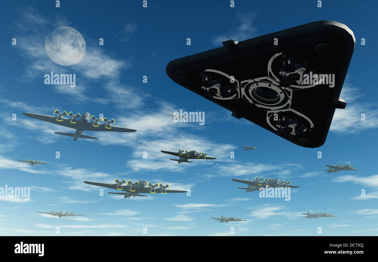 UFO "Schwarzes Dreieck" Summen alliierter Bomber während des 2. Weltkrieges Stockfoto