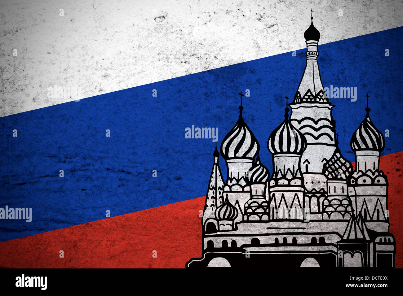 Nahaufnahme einer Grunge-Illustration der russischen Flagge mit dem Moskauer Kreml gedruckt. Stockfoto