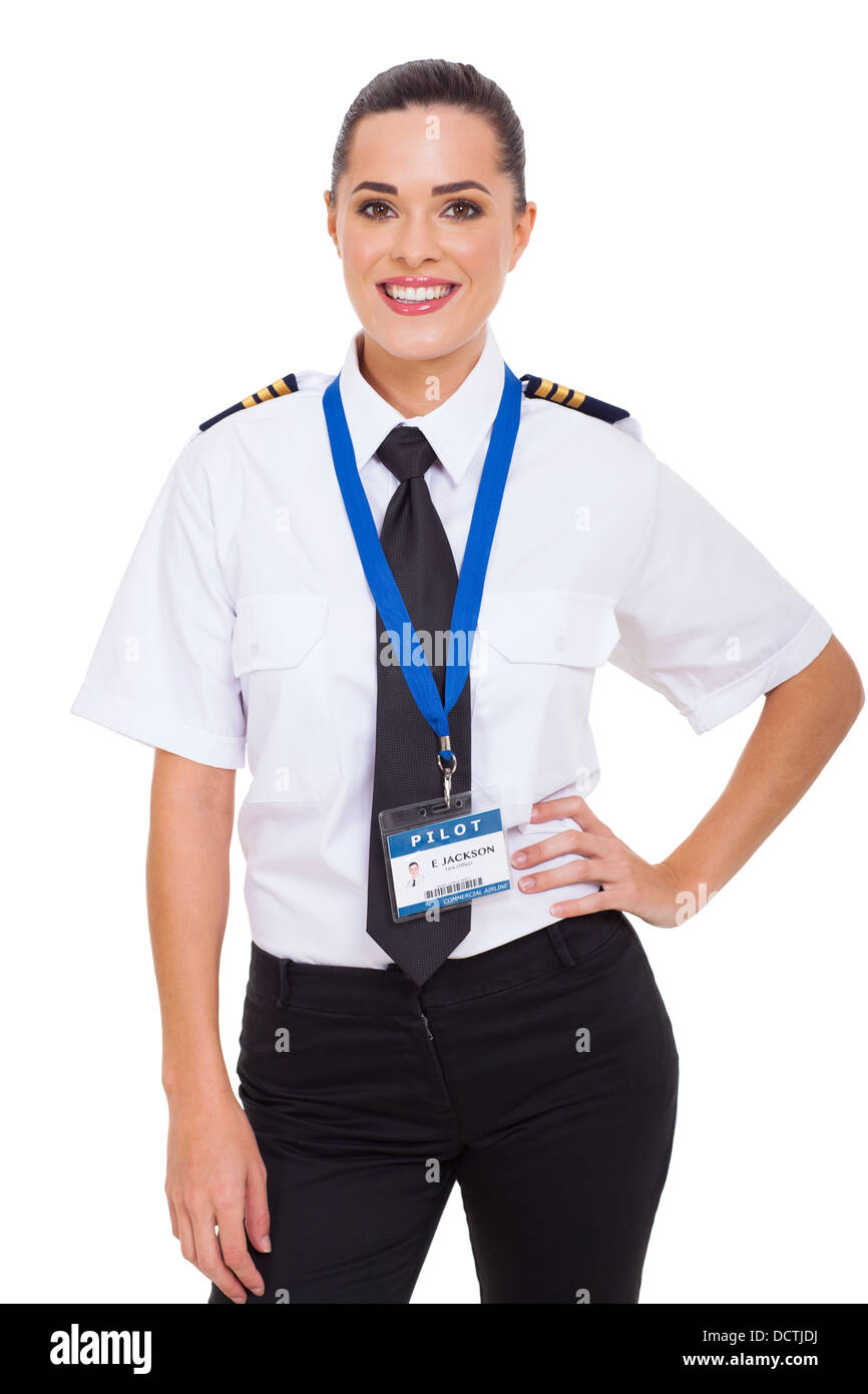 schöne junge weibliche Airline Co-Pilot isoliert auf weiss Stockfoto