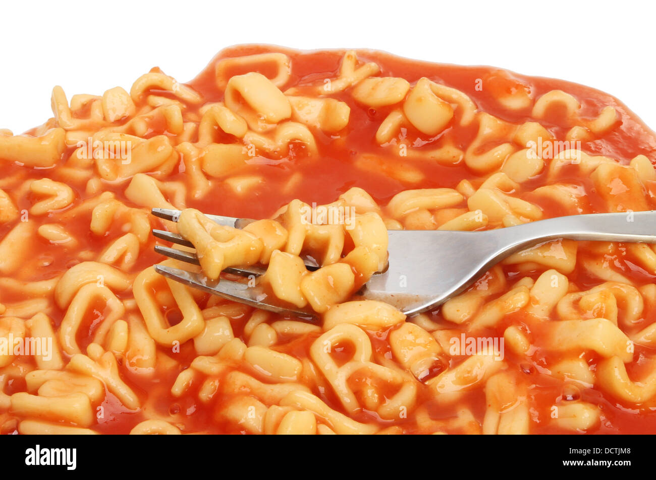 Nahaufnahme einer Gabel im Alphabet spaghetti Stockfoto