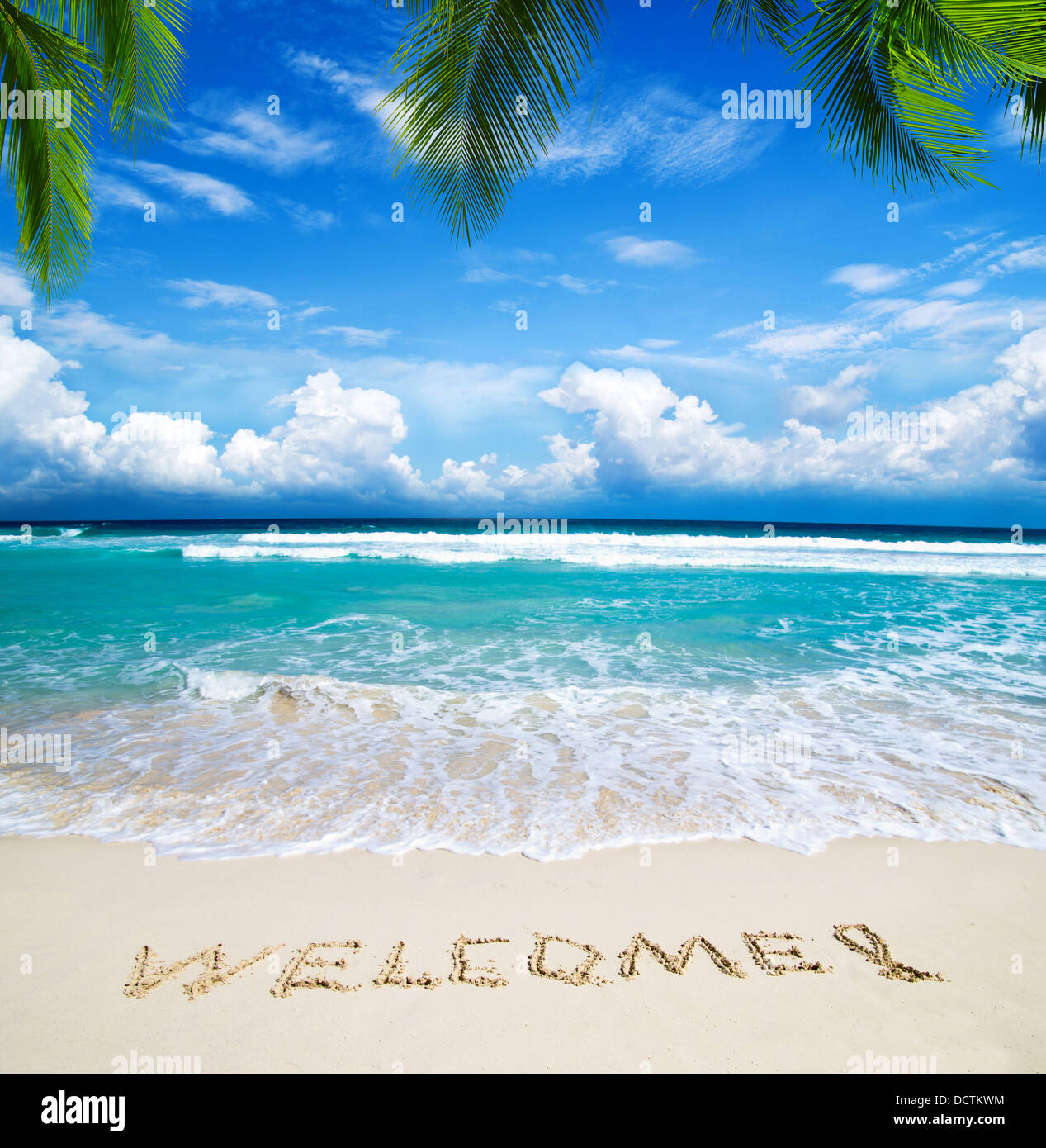 Willkommen im Strand geschrieben Stockfoto