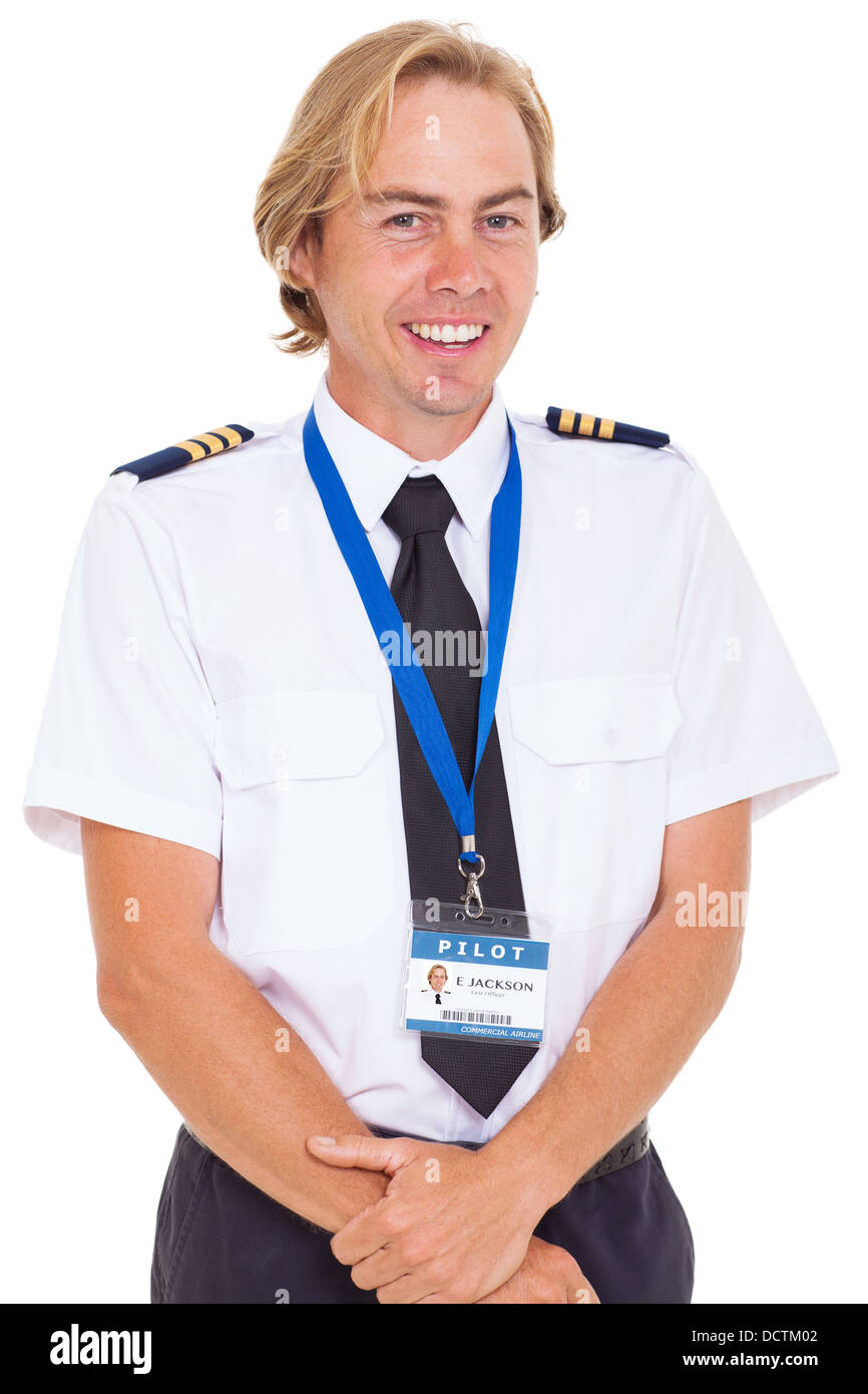 fröhliche Pilot in Uniform mit Schulterklappen, isoliert auf weiss  Stockfotografie - Alamy
