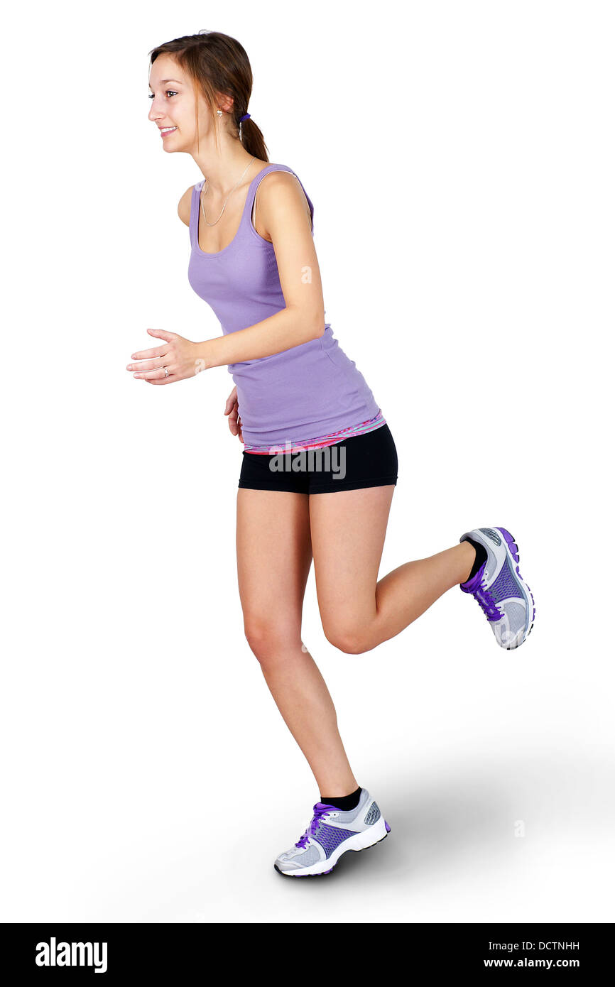 Junge Frau in weißem Hintergrund Joggen Stockfoto