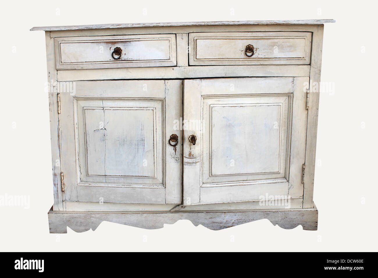 Distressed Stück der alten Möbel auf einem weißen Hintergrund isoliert. Stockfoto