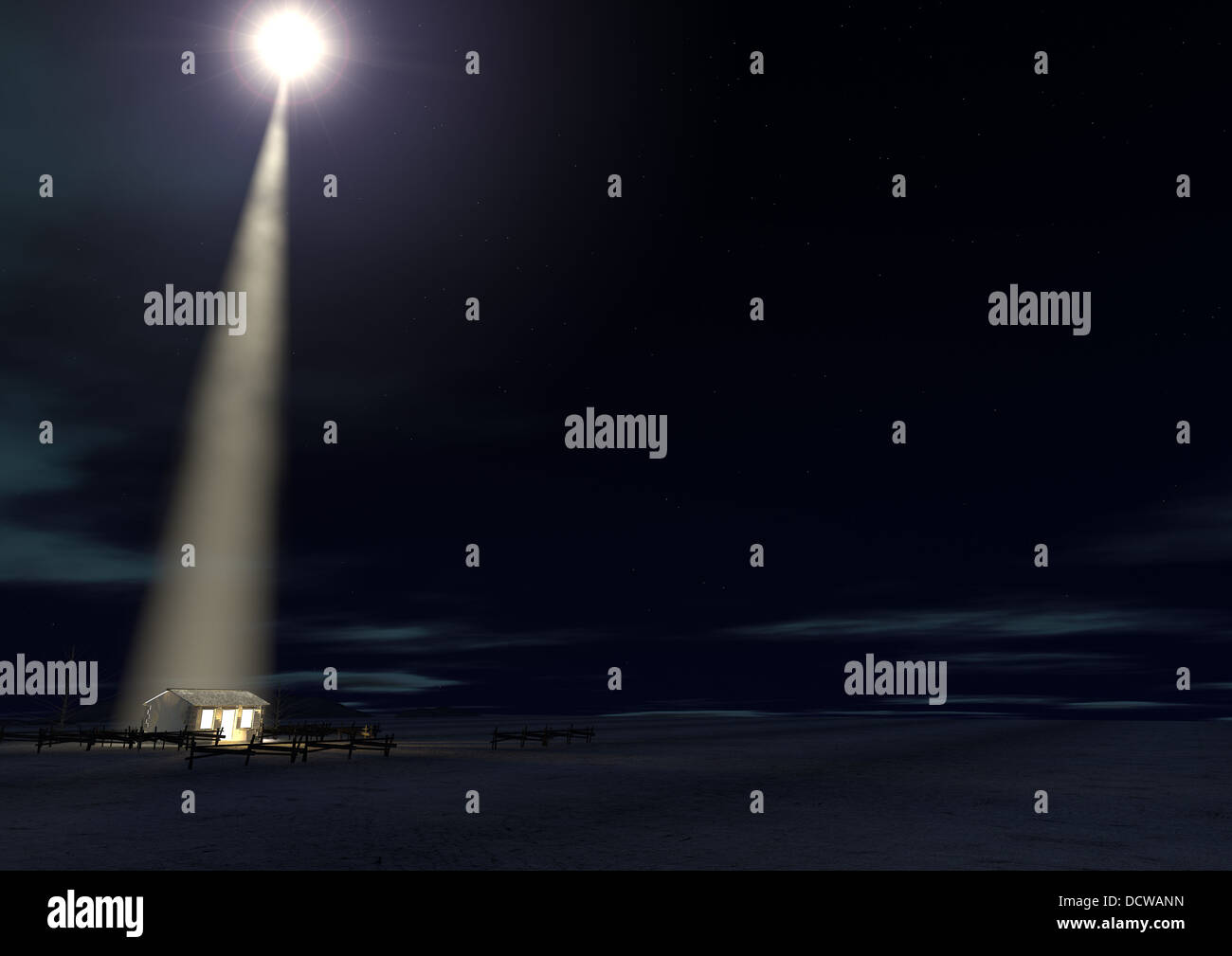 Eine Krippe von Christs Geburt in Bethlehem mit der isolierten heruntergekommen Stall wird von einem hellen Stern auf einem dunkelblauen Himmel beleuchtet Stockfoto