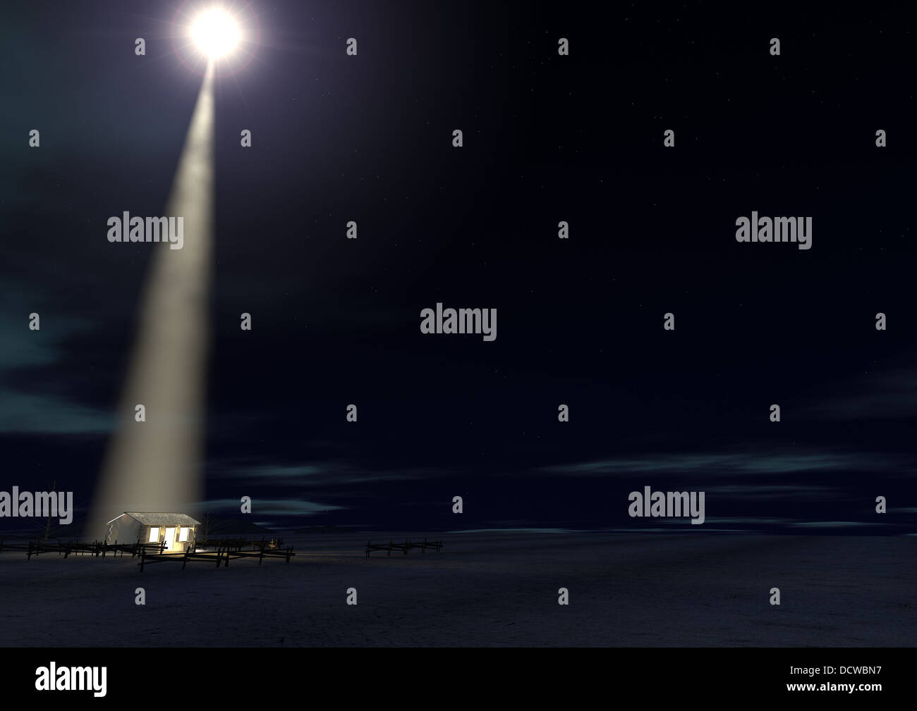 Eine Krippe von Christs Geburt in Bethlehem mit der isolierten heruntergekommen Stall wird von einem hellen Stern auf einem dunkelblauen Himmel beleuchtet Stockfoto