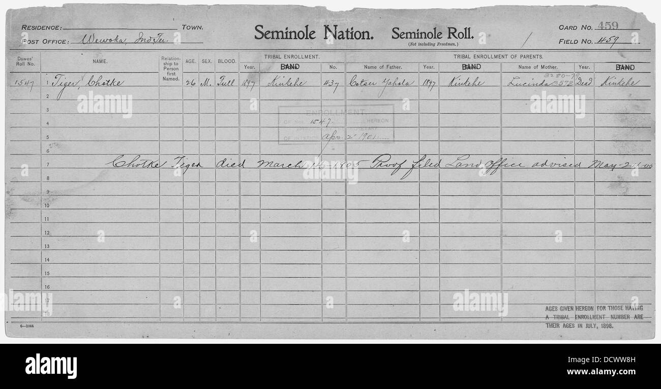 Einschreibung für Seminole Volkszählung Karte 459--268033 Stockfoto